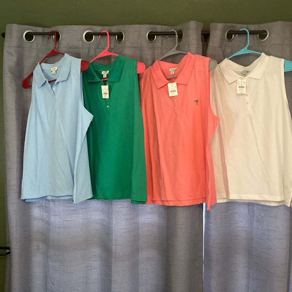 J Crew polo tanks, pink, green, blue and white